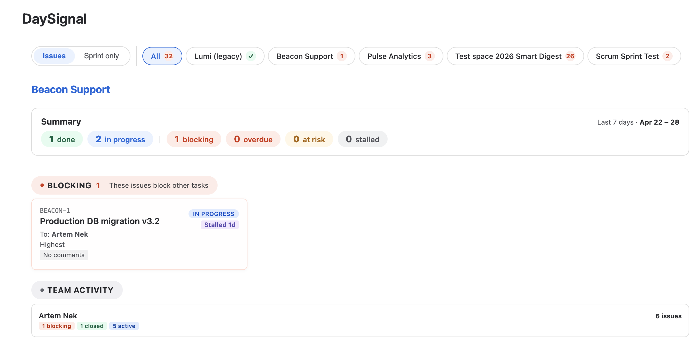 DaySignal Project view: blocking issues card with stall duration, summary bar with done/in-progress/blocking/overdue counts, Team Activity section by contributor