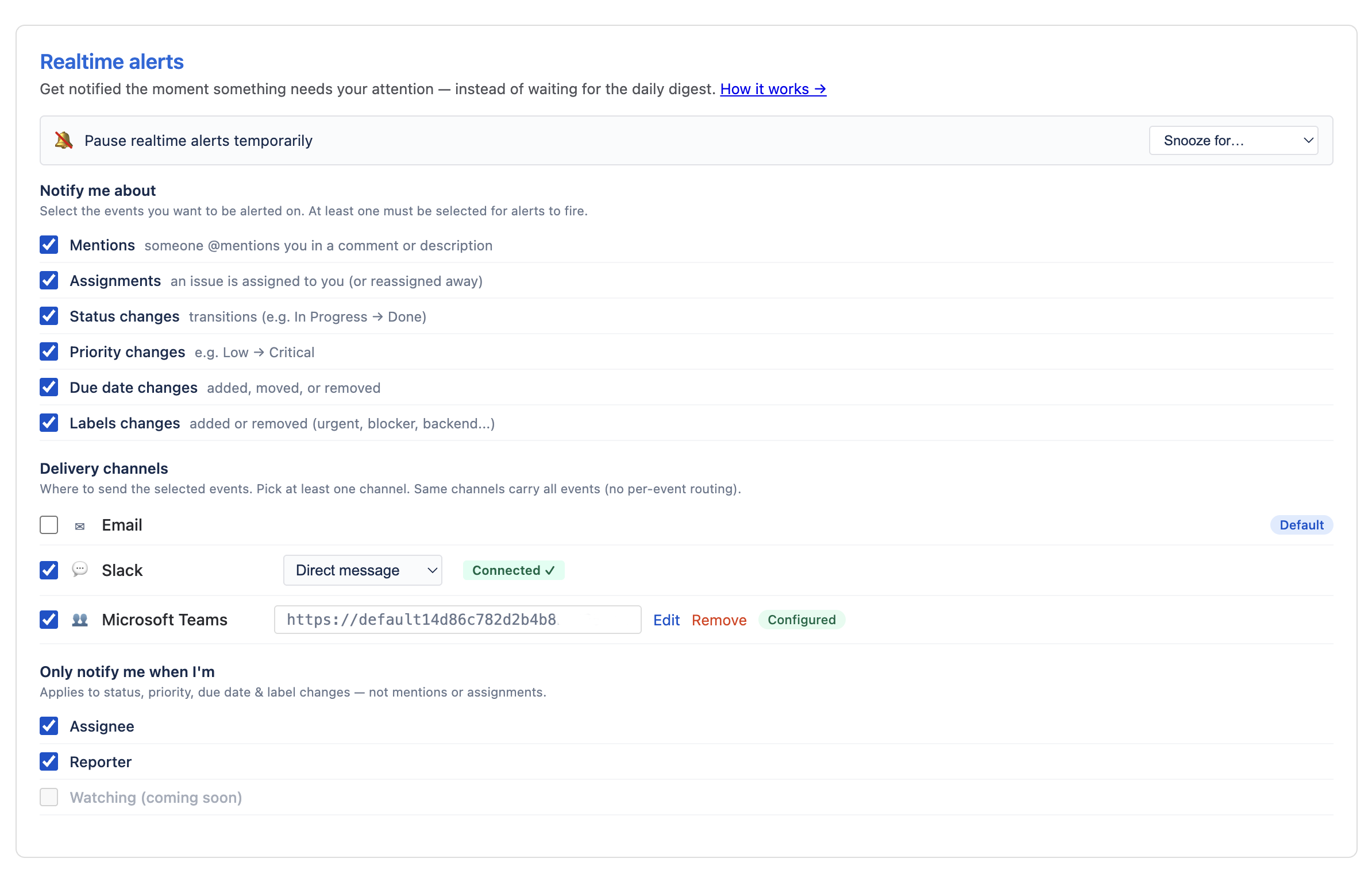 DaySignal Realtime alerts settings — choose events, delivery channels (Slack, Microsoft Teams, email), role filter and snooze