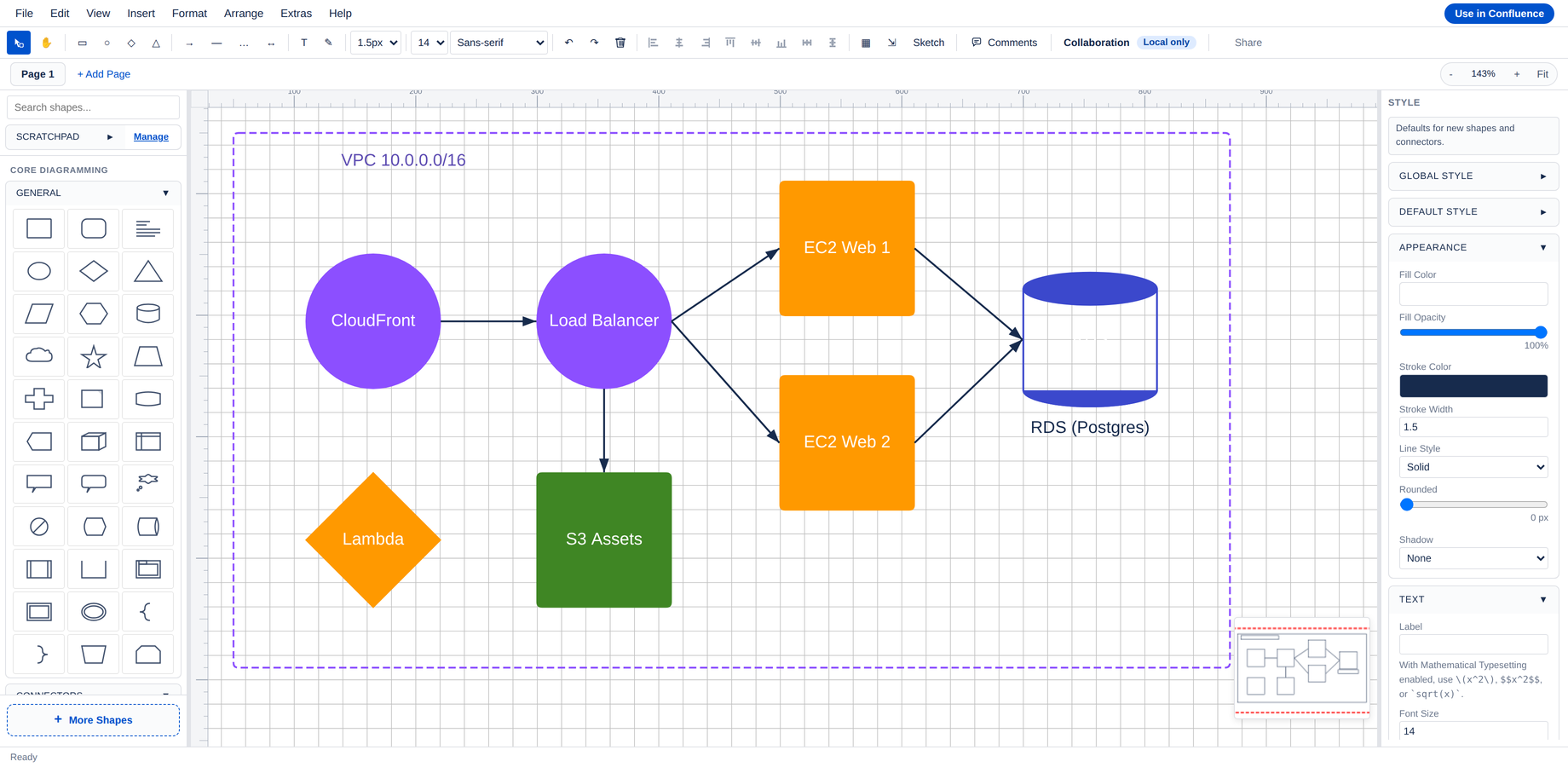 Cloud architecture diagram in Diagram.now with AWS, Azure and GCP shape libraries