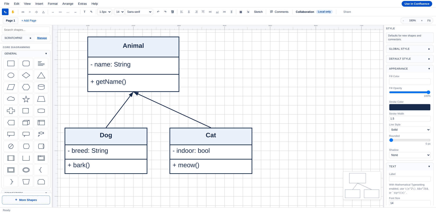 UML class diagram in Diagram.now — classes, attributes, methods, inheritance
