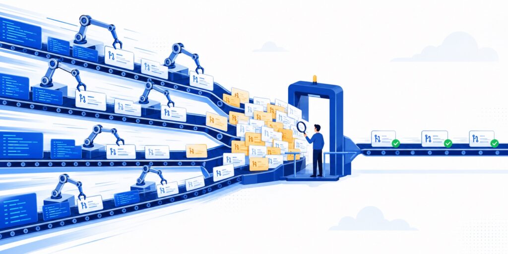 Robotic arms generate a fast stream of pull requests on conveyor belts, piling up at a review checkpoint where a single human reviewer inspects them with a magnifying glass