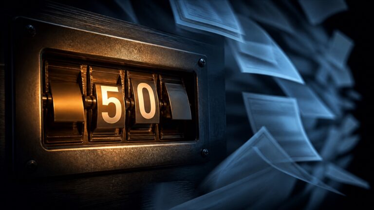 A mechanical split-flap counter frozen at 50 while thousands of pages stream past it into the dark