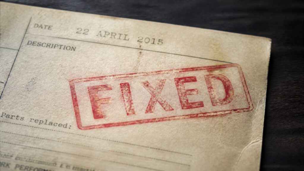 Yellowed paper form dated 22 April 2015 with a red FIXED stamp across it