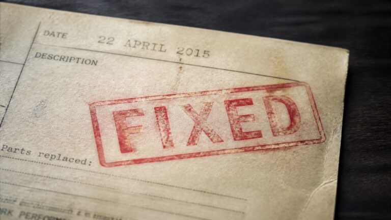 Yellowed paper form dated 22 April 2015 with a red FIXED stamp across it