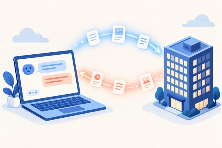 Flat illustration of a laptop chat window exchanging document cards with an office building over a glowing connection