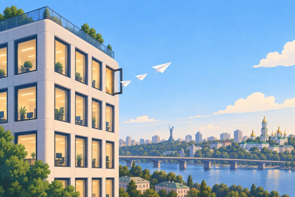 Illustration of an office building above a city skyline with one window open and paper planes drifting out