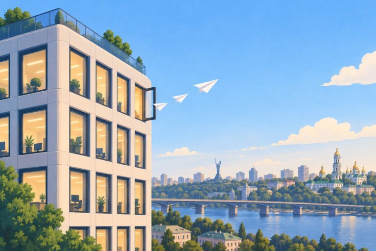 Illustration of an office building above a city skyline with one window open and paper planes drifting out