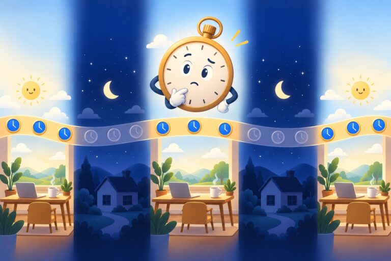 A stopwatch over a timeline of day and night: daytime clocks glow blue, night clocks are grey