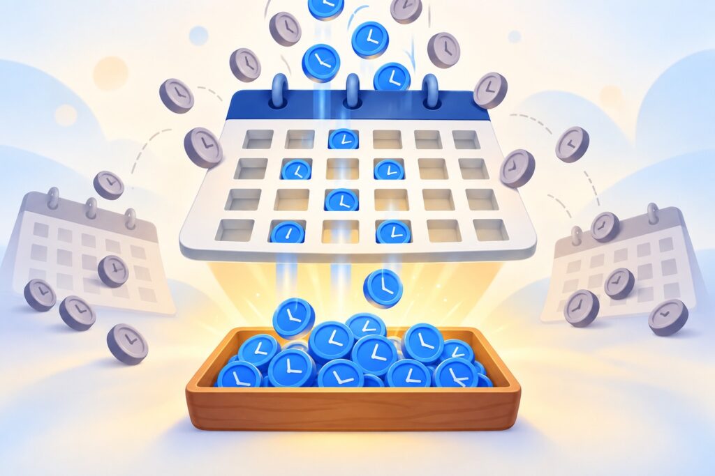 Flat illustration: clock tokens pour onto a calendar page that works like a sieve; only blue clocks fall through into a glowing tray, grey ones roll off to faded calendars on the sides
