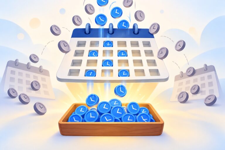 Flat illustration: clock tokens pour onto a calendar page that works like a sieve; only blue clocks fall through into a glowing tray, grey ones roll off to faded calendars on the sides