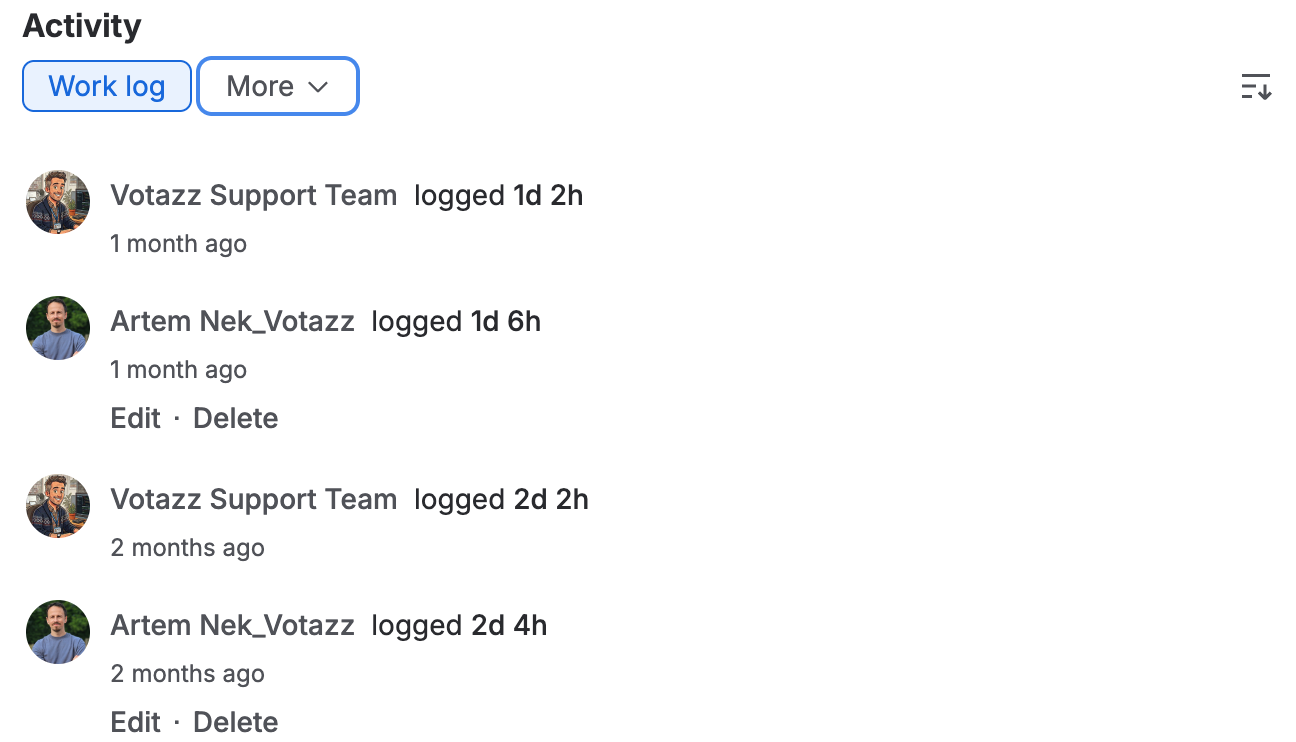 The Work log tab of NW-1 in Jira, four entries shown in days and hours with relative dates