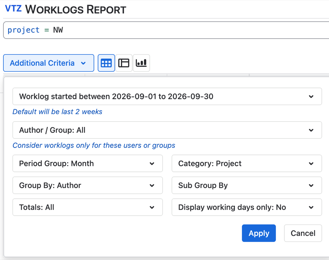 Worklogs Report additional criteria: Worklog started 2026-09-01 to 2026-09-30, Period Group Month, Group By Author